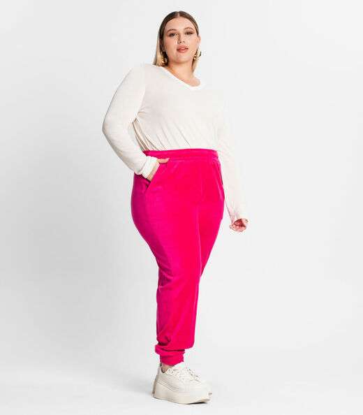 Calça Feminina Plus Size Em Plush Secret Glam Rosa