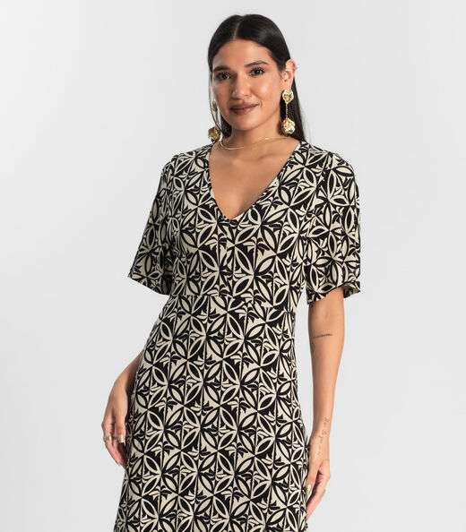 Vestido Estampado Feminino Midi Preto