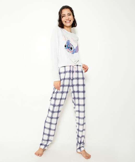 Pijama Feminino Estampa Stitch Manga Longa Disney