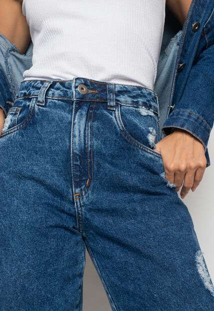 Calça Wide Leg Jeans Escuro Com Rasgos Salvatore Fashion