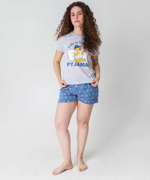 Pijama Feminino Estampa Ursinho Puff Manga Curta Cinza