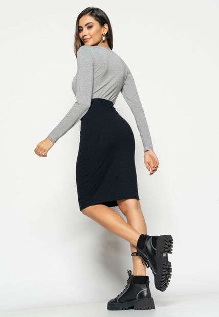 Blusa  Básica Manga Longa e Gola Redonda Malha Mescla