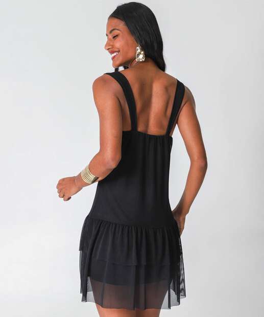 Vestido Feminino Tule Babado Marisa Preto