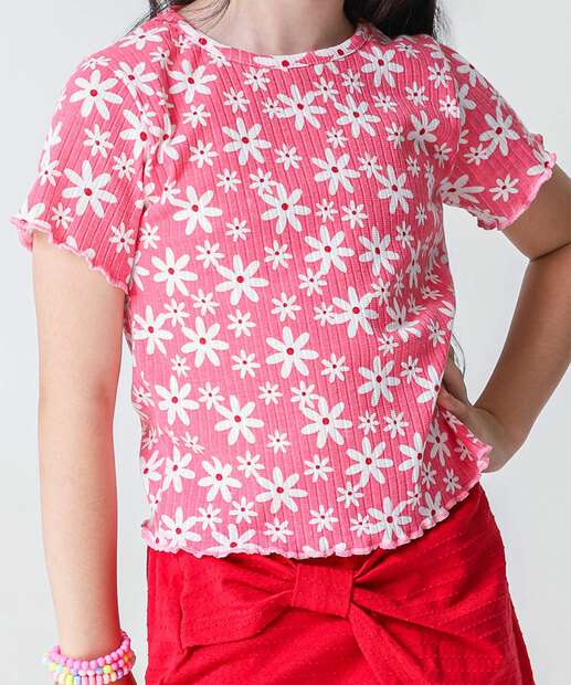 Blusa Infantil Canelada Flores Marisa Tam 4 a 10 Rosa
