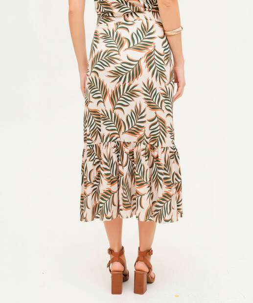 Saia Midi Feminina Estampa Folhas Babado Marisa