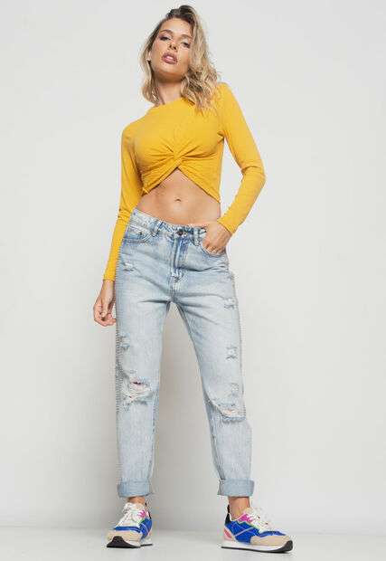 Cropped  Nó Manga Longa Canelada Mostarda Salvatore Fashion