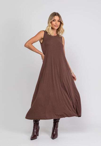 Vestido Longo Regata Com Bolsos Marrom Salvatore