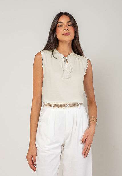 Regata Alfaiataria Com Amarração E Detalhe de Pompons Marfim Salvatore