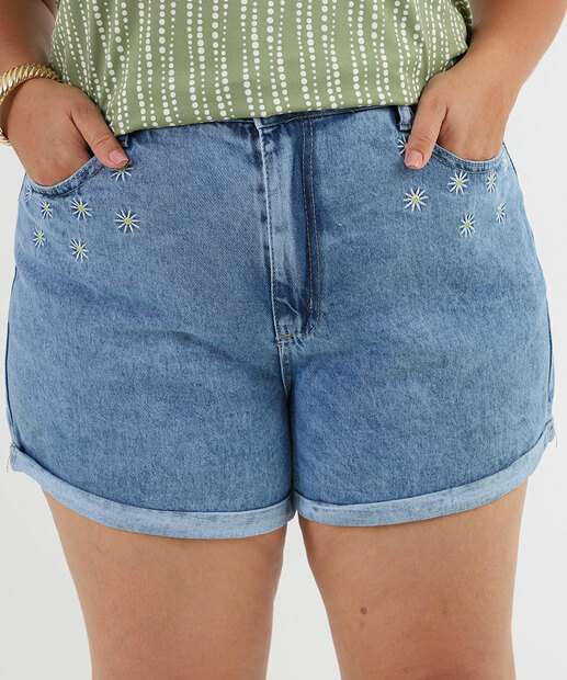 Short Plus Size Jeans Feminino Bordado Azul
