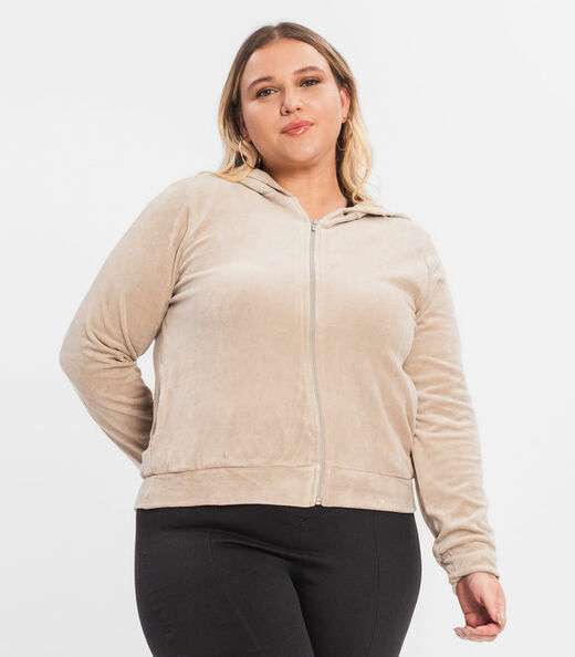 Jaqueta com Capuz Plush Secret Glam Bege