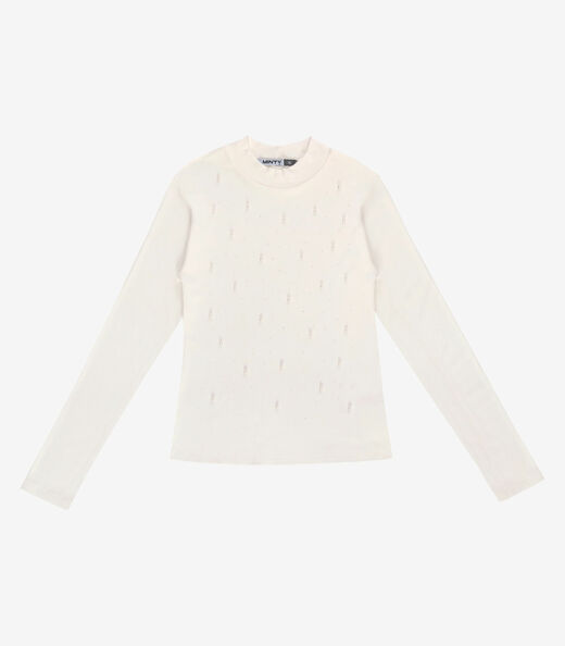 Blusa Juvenil Manga Longa Ribana e Rebites Minty Bege