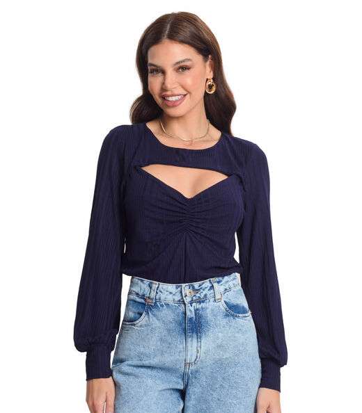 Blusa Manga Longa Canelada Rovitex Azul