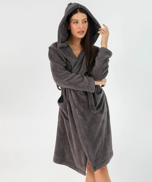 Roupão Feminino Plush com Capuz Marisa Cinza