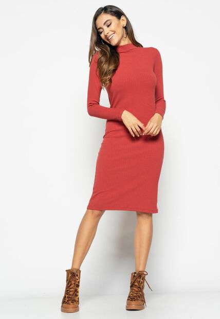 Vestido  Midi Manga Longa Canelado Terracota
