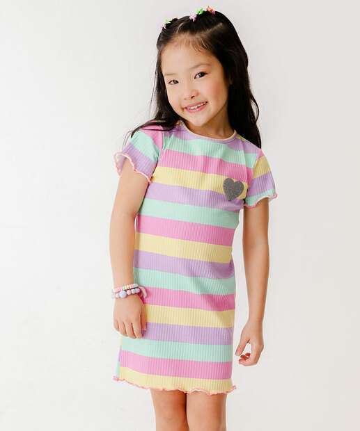 Vestido Infantil Listrado Coração Marisa Tam 4 a 10