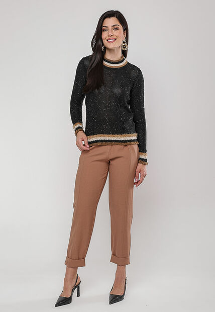 Blusa de Tricot com Fio Boton? Gola Listra Preto Salvatore