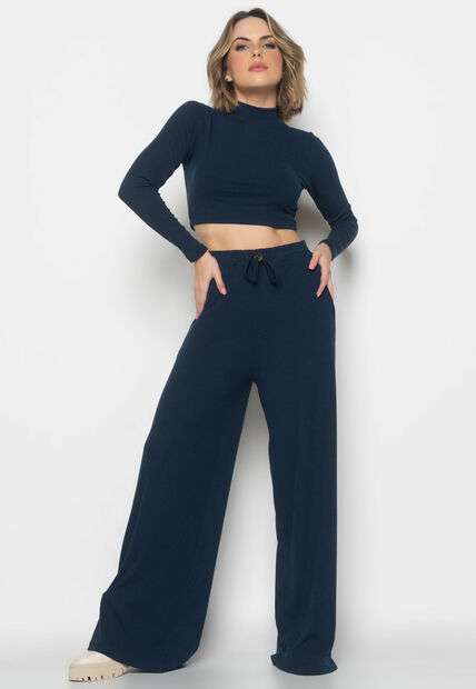 Conjunto Comfy Cropped Manga Longa e Calça Wide Leg Canelado  Marinho Salvatore