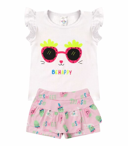 Conjunto Menina Cotton Manga Com Babados Estampado Branco