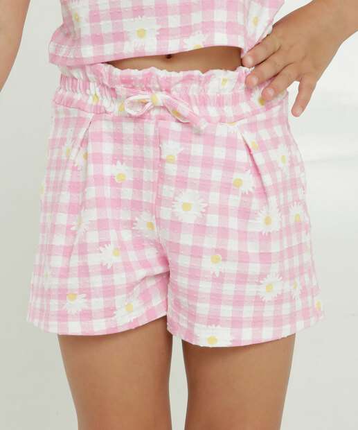 Short Infantil Xadrez E Margaridas Marisa Tam 4 a 10
