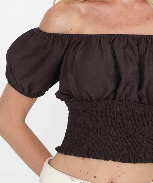 Blusa Cropped Ciganinha Lastex Feminina Marisa Marrom