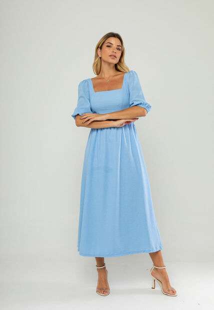 Vestido Longo Com Decote Reto E Manga Bufante 3/4 Azul Salvatore