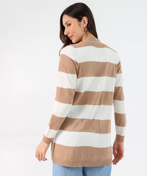 Cardigan Feminino Tricô Listrado Alongado Marisa Marrom