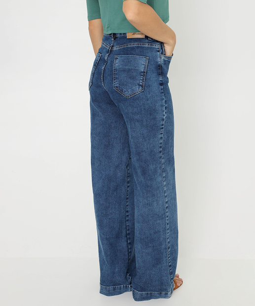 Calça Jeans Wide Leg Bolsos Feminina Sawary Azul