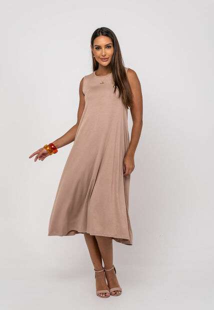 Vestido Longo Regata Com Bolsos Bege Salvatore