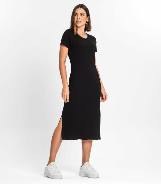 Vestido Midi Ribana Canelada Básico Rovitex Preto