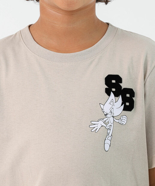Camiseta Juvenil Estampa Sonic Tam 10 a 16 Bege