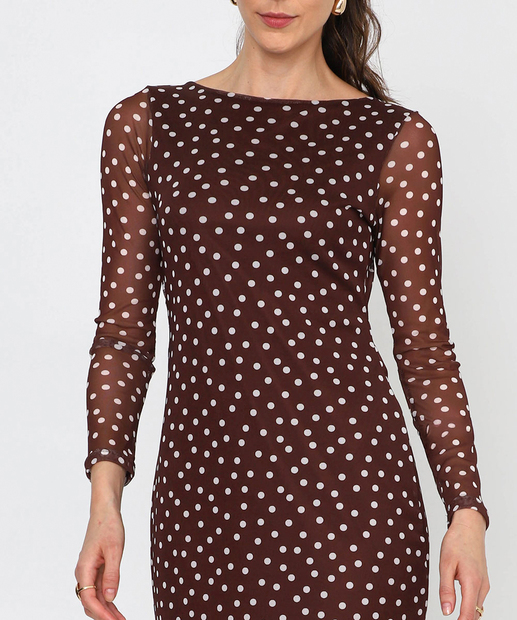 Vestido Feminino Midi Tule Estampa Poá Marisa Marrom