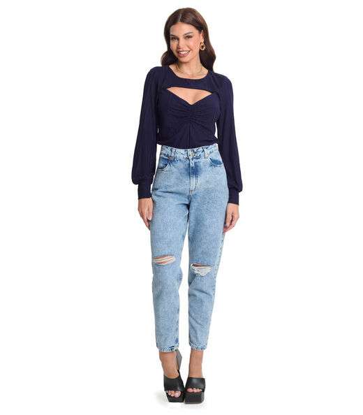 Blusa Manga Longa Canelada Rovitex Azul