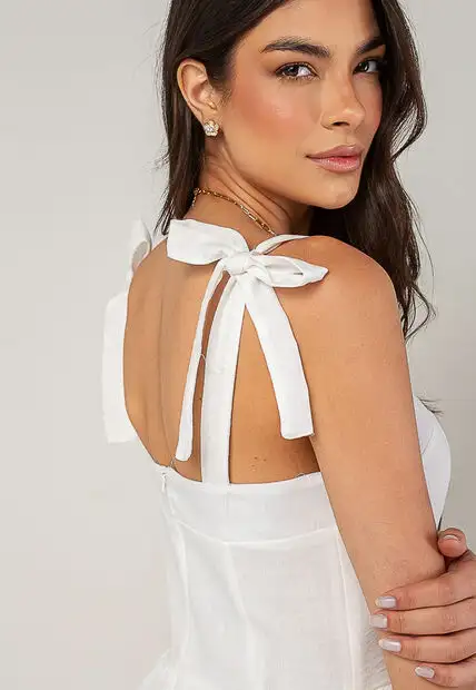Vestido Alfaiataria Midi Com Alças Largas e Amarração Branco Salvatore