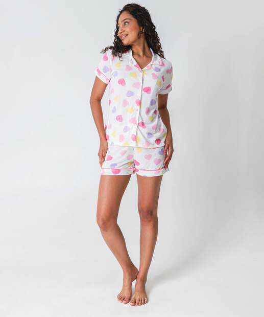 Pijama Americano Feminino Corações Marisa Off White
