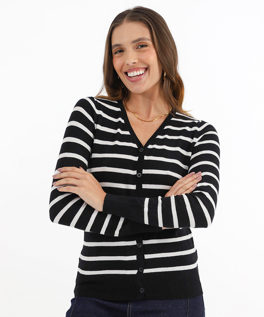 Image_Cardigan Feminino Botões Listrado Marisa Preto