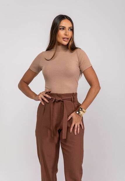Blusa Gola Alta Malha Canelada Marrom Salvatore Fashion