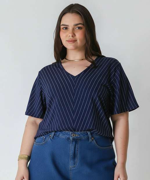 Image_Blusa Plus Size Feminina Listrada Manga Curta Marisa Azul