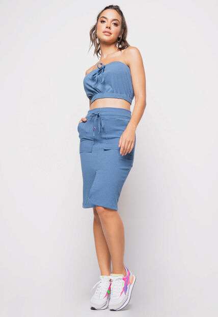 Saia  Midi Com Bolso Malha Canelada Azul