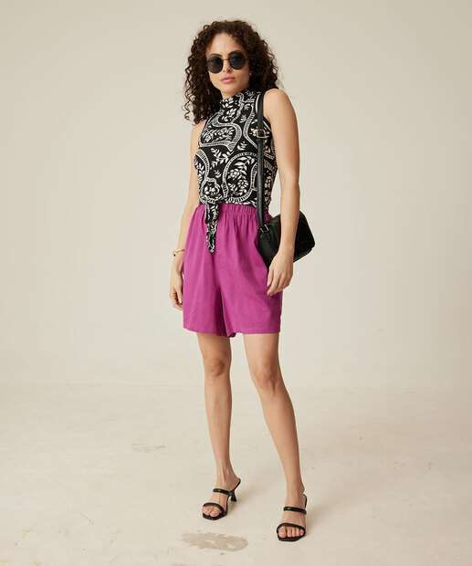 Blusa Regata Feminina Folhas Amarração Gola Alta 