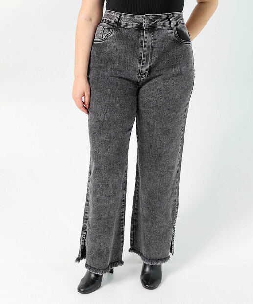 Calça Plus Size Feminina Wide Leg Petit Jeans Preto Sawary