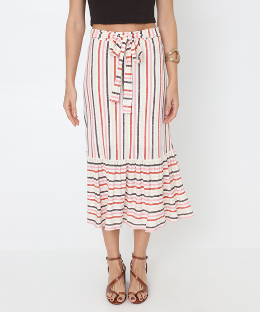 Saia Midi Feminina Listrada Babado Marisa Off White