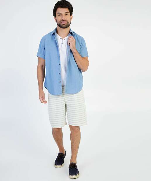 Camisa Masculina Jeans Bolso Manga Curta