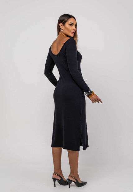 Vestido Midi M/L Decote Canoa Canelado Preto Salvatore