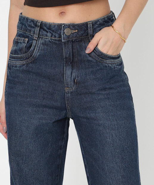 Calça Feminina Jeans Wide Leg Bolsos Sawary Azul