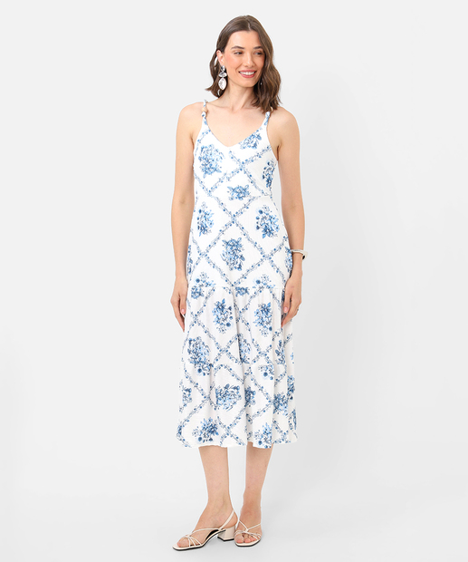 Vestido Midi Feminino Estampa Flores Marisa Off White