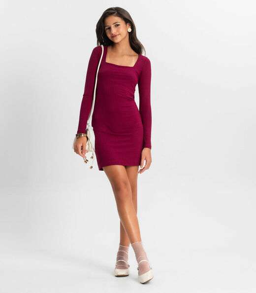 Vestido Juvenil Manga Longa Em Ribana Minty Vermelho