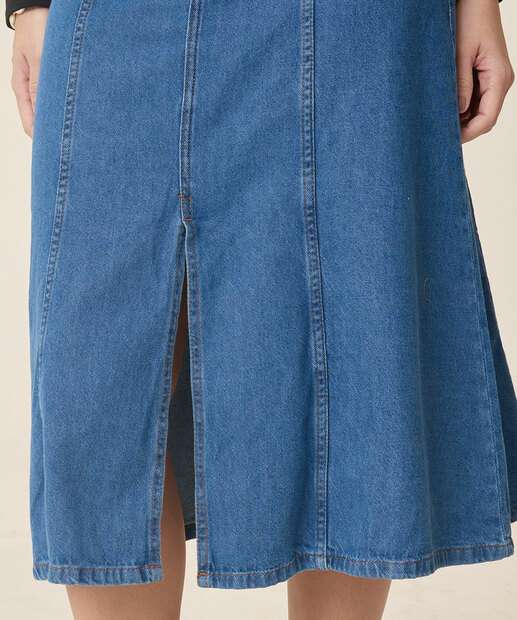 Saia Midi Jeans Feminina Fenda Evasê 