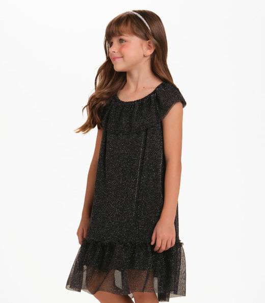 Vestido Tule Shine e Cotton Leve Trick Nick Preto