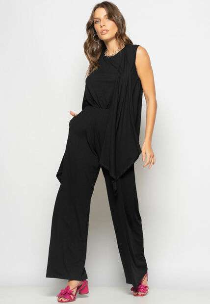 Conjunto Com Kimono, Regata e Wide Leg Malha Preto Salvatore