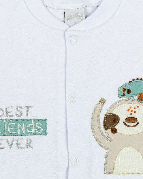 Macacao Bebe Menino Longo Suedine Fio Egípcio Bordado Bicho Preguiça - Branco